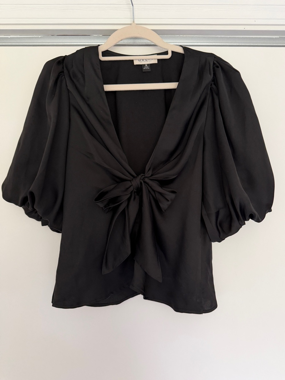 Delfi Black Tie-Front Puff Sleeve Blouse